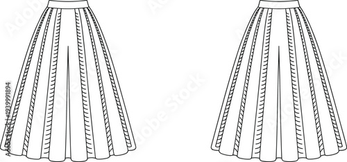 Two Black And White Line Drawings Of Pleated Midi Skirts With Decorative Side Seams On A White Background
