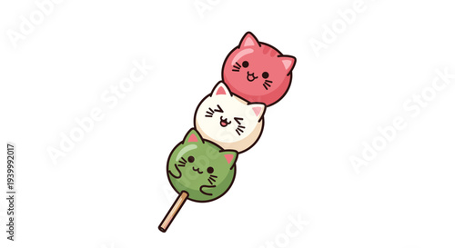 Three cute cat shaped dango on a stick in pink, white, and green colors represent a playful and delicious Japanese sweet treat illustration.