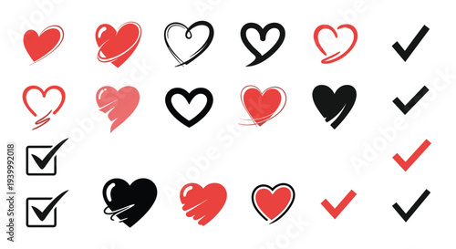 Diverse collection of hand drawn hearts and checkmark icons in red and black provides useful elements for lists, ratings, and romantic designs.