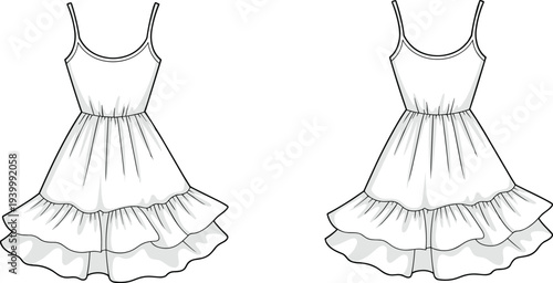 Two Black And White Line Drawings Of Ruffled Mini Dresses With Spaghetti Straps On A White Background