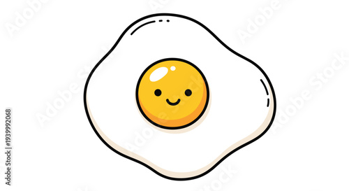 Cute fried egg character with a smiling face and rosy cheeks on the yolk is a cheerful and simple illustration for breakfast and food themes.