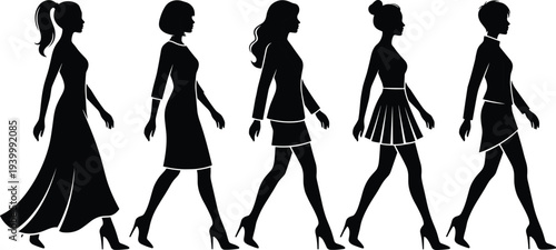 women walking silhouettes fashion female side view stylish dresses heels elegant lady isolated vector illustration set