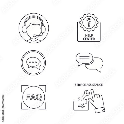 Customer support and service assistance icons for business communication