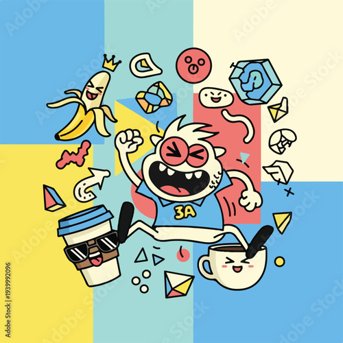 Cartoon character with anthropomorphic coffee, banana, and abstract shapes