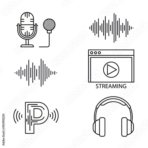 Modern audio streaming and podcasting icons for digital media