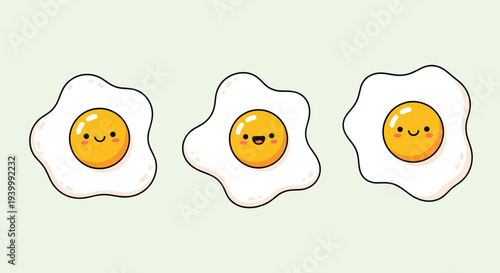 Set of three fried eggs with different cute smiling faces on light green background is a fun and cheerful graphic for breakfast concepts.
