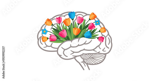 Vector brain with colorful flowers and bulbs