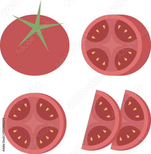 Tomato illustration element set with whole tomato and slices