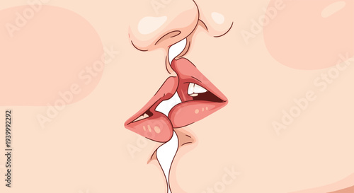 Close up illustration of two people kissing with focus on their lips symbolizes love, romance, passion, and deep intimate relationship.