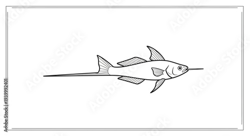 Stylized linear drawing of a slender saltwater fish with a distinctive elongated snout and flowing
