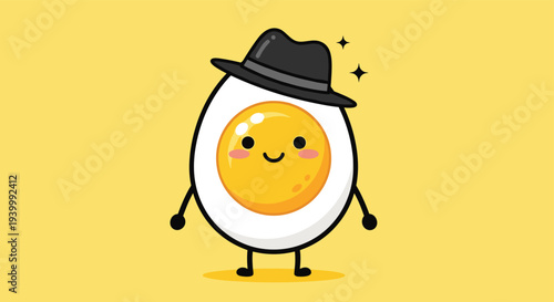 Dapper boiled egg character wearing a stylish black hat and smiling on a yellow background represents a fun and unique mascot for food.