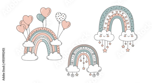 Set of three boho style rainbows with clouds, hearts, stars, and balloons in pastel colors creates a sweet and dreamy atmosphere for kids.