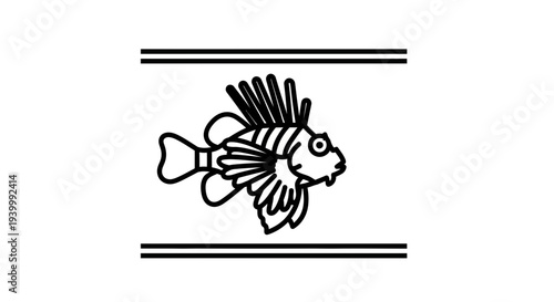 Minimalist outline illustration of a stylized lionfish swimming between two horizontal decorative