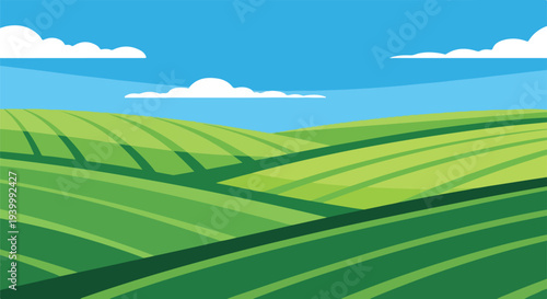 Cartoon depiction of green rolling hills under a blue sky with clouds