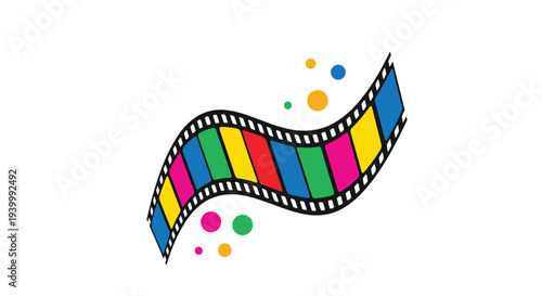 Colorful winding film strip with floating bubbles represents creativity and motion in cinema, video production, and movie industry themes.
