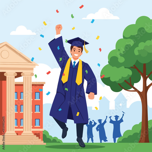 Cartoon graduate celebrates with confetti and classmates near a building