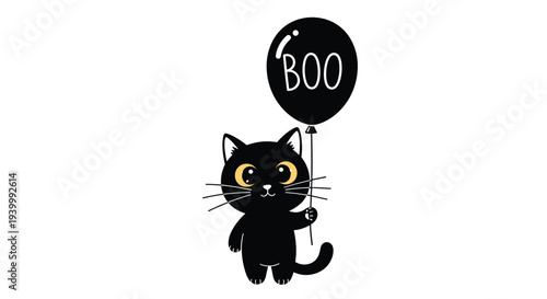 Small black cat character holding a black balloon with boo text for Halloween celebration is a cute and spooky graphic for kids themes.