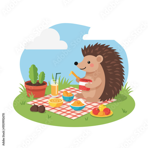 Cartoon hedgehog having a picnic on a sunny day with treats