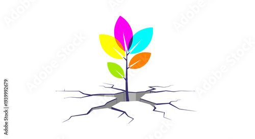 Colorful leafy growth, plant roots, vibrant sprout, eco symbol