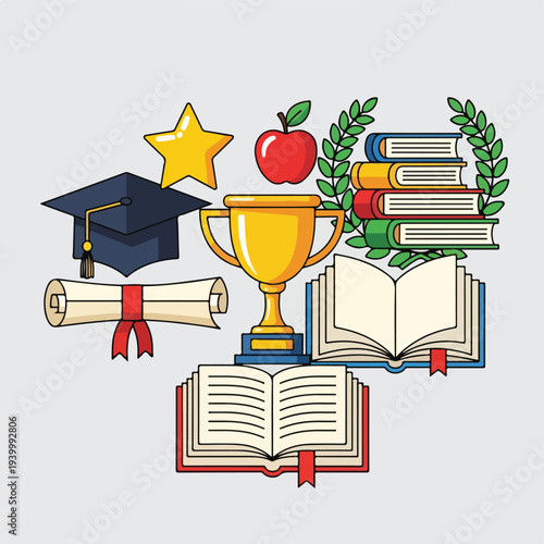 Cartoon illustration featuring graduation, reading, and academic achievement symbols