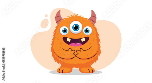 Happy orange furry monster with three eyes and horns smiles cheerfully in this friendly character illustration for kids and fantasy themes.