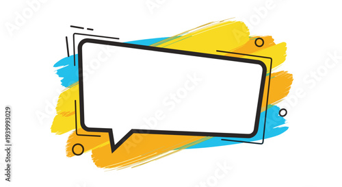 Speech bubble illustration with thick black outline placed over vibrant yellow and blue artistic paint brush strokes on white background.