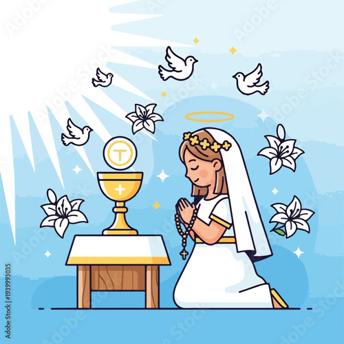 Cartoon illustration of a girl kneeling in prayer, with symbolic imagery