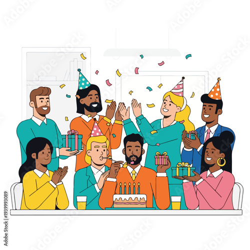 Cartoon illustration of a group of people celebrating a birthday together