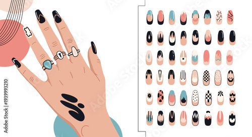 Human hand with elegant long nails and rings placed next to diverse collection of various creative manicure designs and nail art patterns.