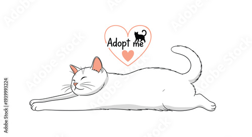 Peaceful white cat stretching its body on floor with cute adopt me heart logo featuring kitten silhouette displayed above on white background.
