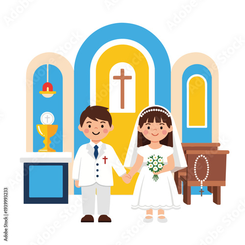 Cartoon illustration of a religious ceremony with a couple in a church