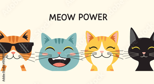 Row of four adorable cat head icons with different expressions and colors featuring text meow power at top for feline lovers and pet projects.