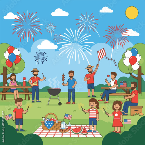 Cartoon illustration of a summer picnic, fireworks display, and family fun