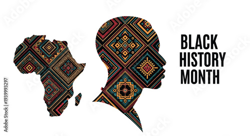Silhouette of African continent and male head profile filled with traditional tribal geometric patterns for black history month celebration theme.