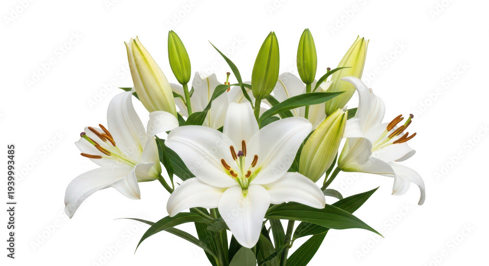 Fototapeta premium A cluster of white lilies with green leaves showcasing delicate details on transparent background