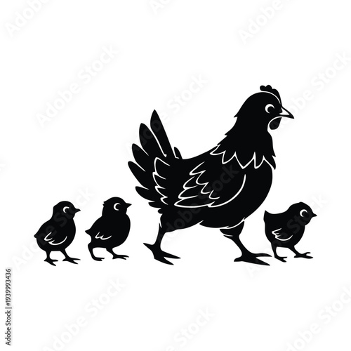 Black silhouette of mother hen and two small chicks walking