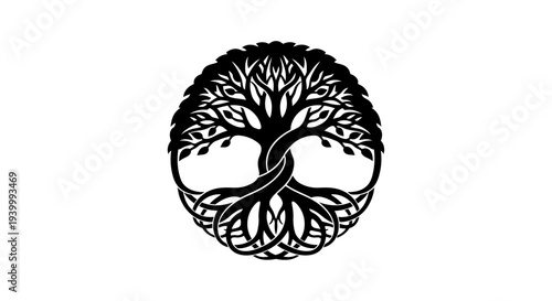 Black Celtic Tree of Life Symbol, Intricate Knotwork Design, Emblem of Eternity and Connection