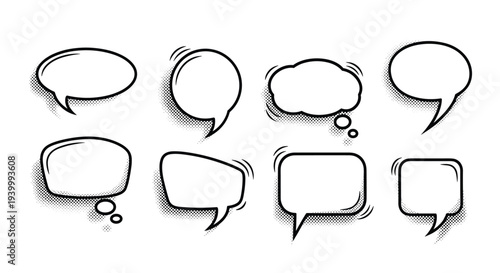 Collection of eight diverse hand drawn speech bubbles and thought balloons in classic black and white comic book style with halftone shading.
