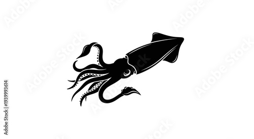 Black Silhouette of a Squid with Tentacles on a White Background, Vector Illustration