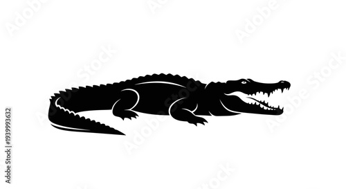 Black Silhouette of an Alligator with Open Mouth on White Background