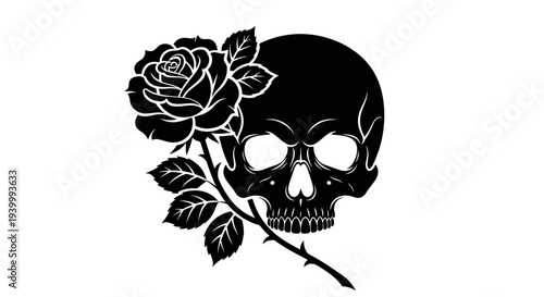 Black Skull and Rose Silhouette Vector Art