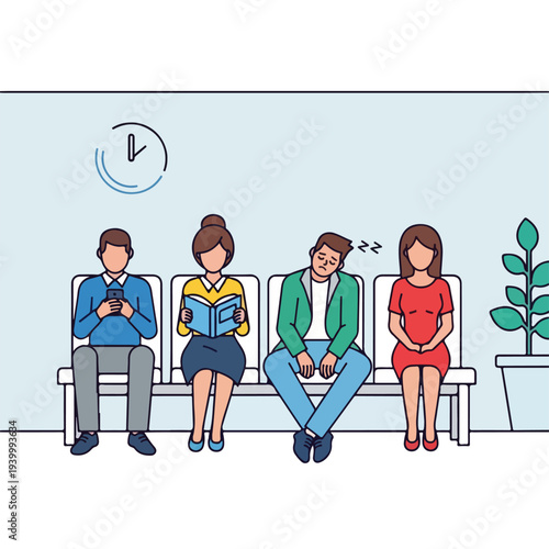 Cartoon illustration of people in a waiting room with a clock and plant