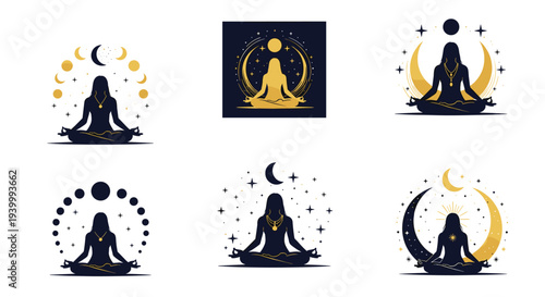 Set of silhouettes showing women in various yoga and meditation poses surrounded by celestial symbols like moon phases and twinkling stars.