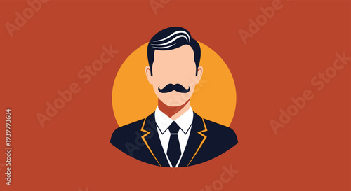Vector illustration of faceless man with stylish mustache wearing formal dark suit and tie set against bright orange circular background.