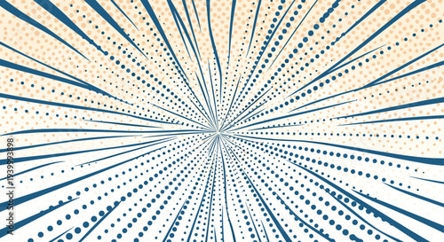 Classic comic book style background with exploding radial lines in dark blue over beige backdrop with orange halftone dot texture effects.