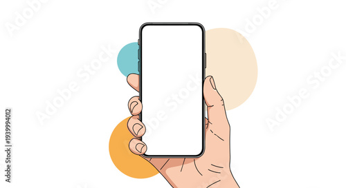 Close up of human hand holding modern smartphone with blank white screen for copy space set against abstract colorful circular background.