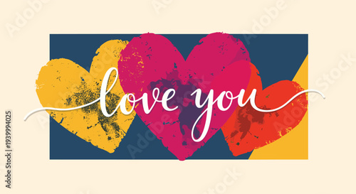 Three artistic textured hearts in yellow pink and red with white cursive love you text written across them on dark navy blue background block.