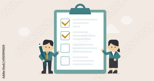 Business Team Reviewing Checklist and Task Progress Board｜Gentle Business Illustration Series