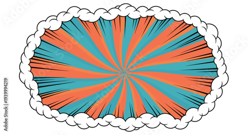 Comic book style background with vibrant orange and teal rays radiating from the center and surrounded by a fluffy cloud border.