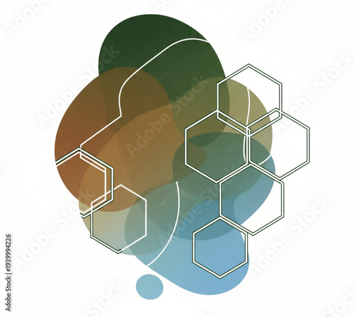 Abstract molecular structure illustration featuring hexagons and circles in a colorful design